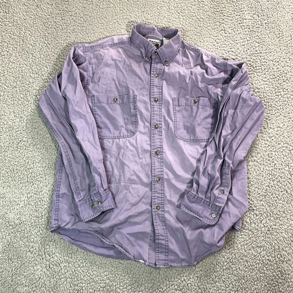 Vintage Basic Editions Button Up Shirt Men's Purple Long Sleeve 90s Medium